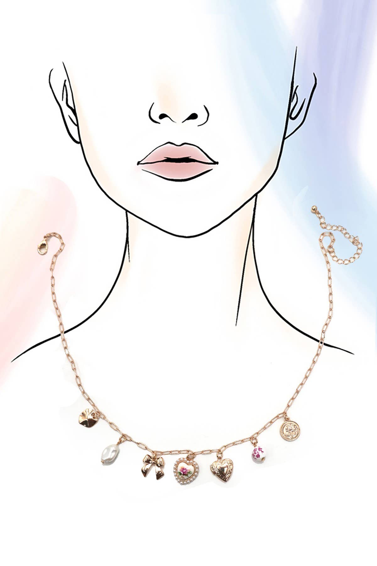 Gold CERAMIC PORCELAIN BOW HEART CHARM LINK NECKLACE | 80N91546 for wholesale on Faire2