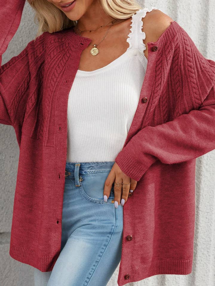 Red Dahlia Solid Color Textured Detail Button Down Long Sleeve Sweater Cardigan for wholesale by Lovesoft