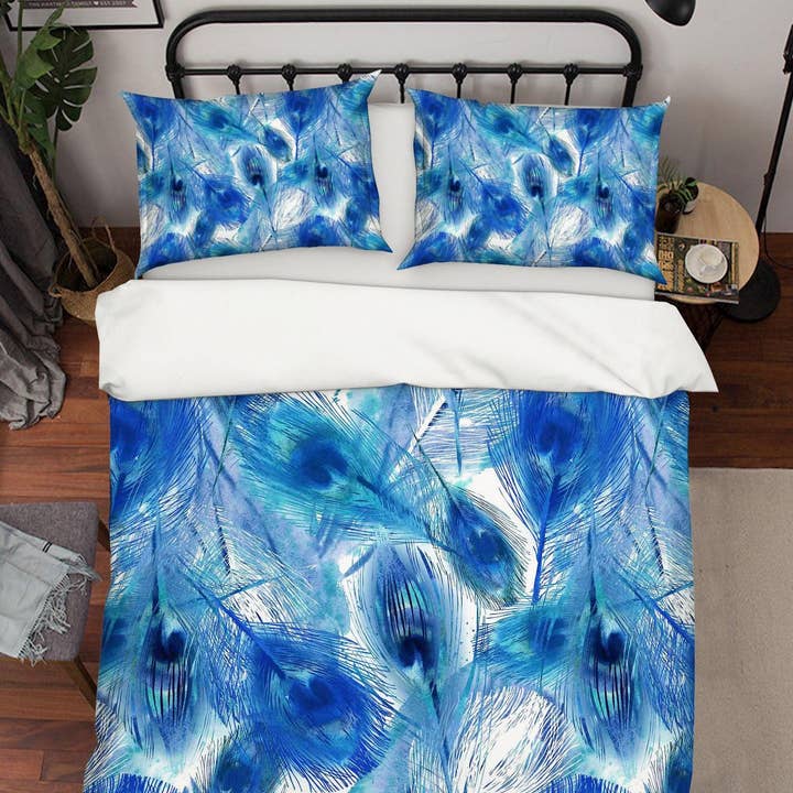 Ensemble de housse de couette en plumes de paon bleu 3D Ensemble de literie Taies d'oreiller 42 pour la vente par Jess Art Decoration