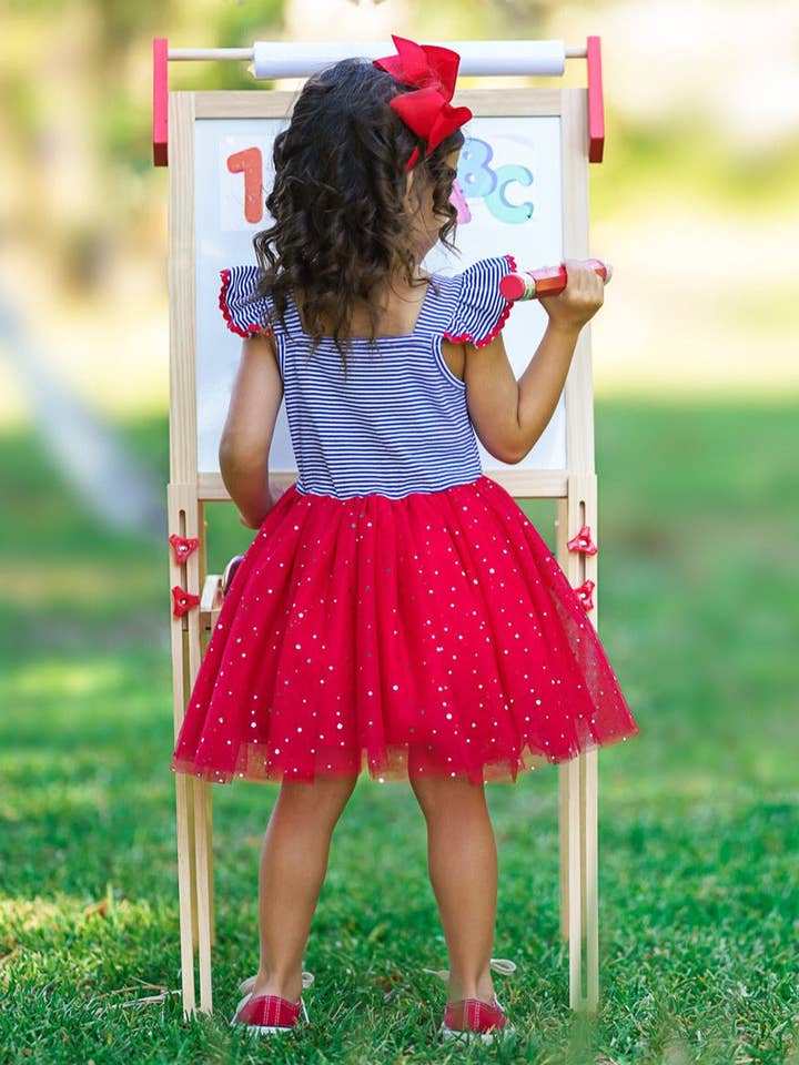 Red Tutu Dress w/ Sequin Apple Applique & Tulle Sequin Skirt for wholesale on Faire2