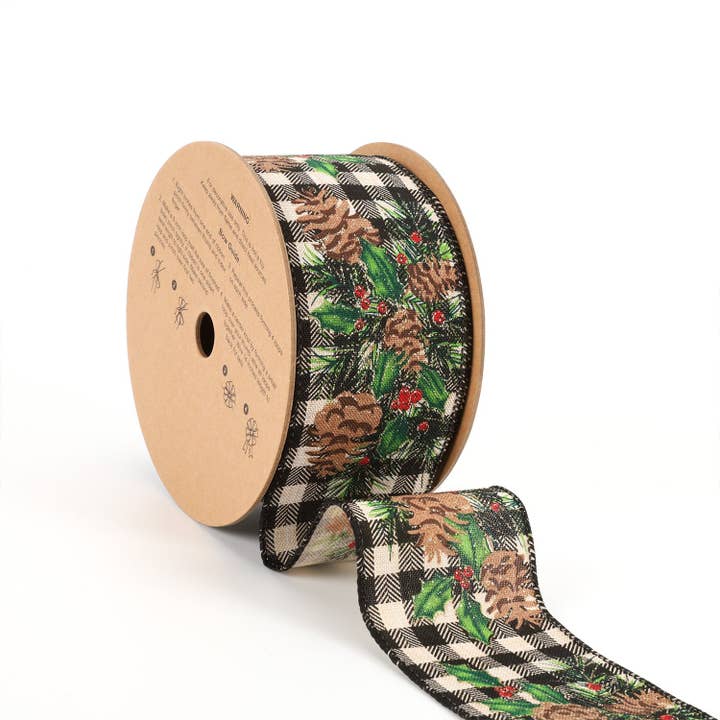 2-1/2" Printed Wired Ribbon | White/Black Check w/ Pinecone | 10 Yard Roll
for wholesale by LA Ribbons Wholesale