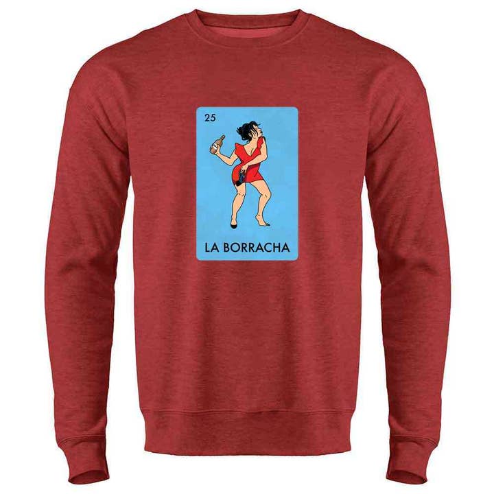 Pop Threads - Venta al por mayor Camiseta serigrafiada - Mujer - La Borracha Drunk Woman, divertida parodia de la lotería mexicana, manga larga