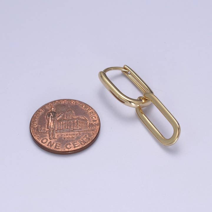 Aim Eternal - Wholesale Hoop Earrings - 14K Gold Filled Oval Hoop Chunky Earrings With Dangle Link Chain Rectangular Hoop Earrings, Geometric Hoops T-2953