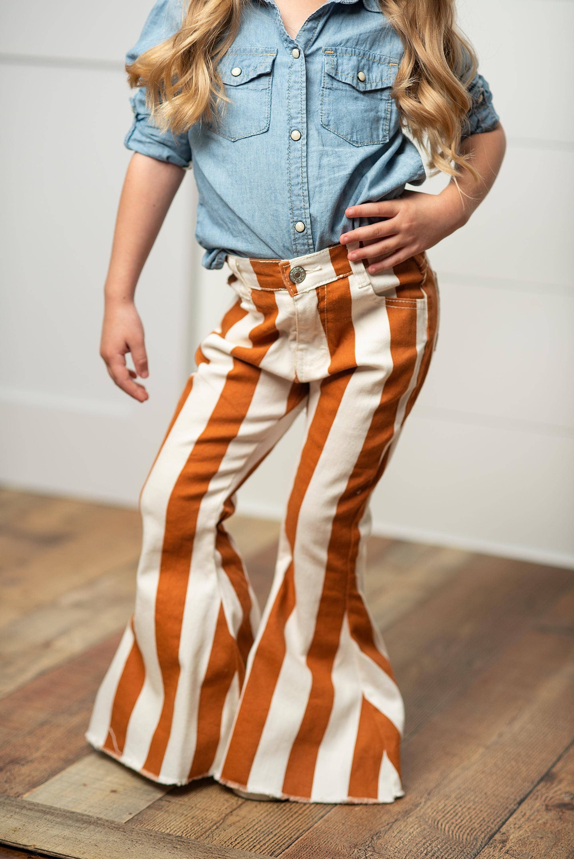 Wholesale Kids Mustard Stripe Flare Denim Jeans for your store - Faire