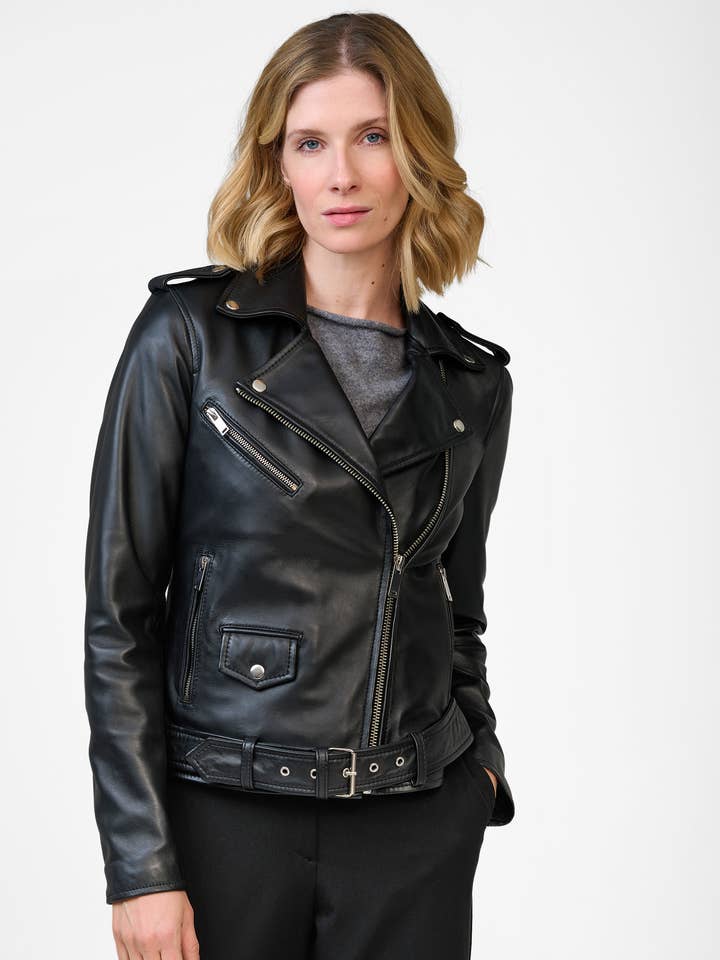 Chaqueta de moto para mujer Yara con cuello de solapa - Cuero de napa de cordero para venta al por mayor de Ricano