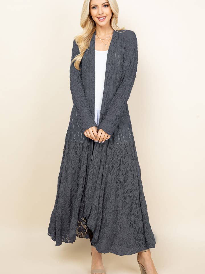Charcoal Long Lace Duster – Boho Pucker Jacket for Women | Made in USA for wholesale by Kooniez