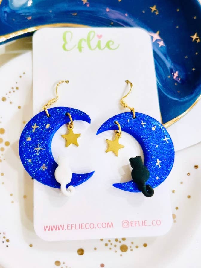 Sparkle Blue Moon with Cat Earrings Beautiful Jewelry Half M for wholesale by Eflie