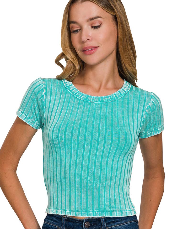 ....SI-25754 Ribbed Washed Short Sleeve Cropped Top for wholesale by 42POPS