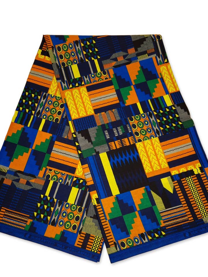 6 Yards - Tissu imprimé kente africain bleu / orange KENTE Ghana cire AF-4027 - 100% Coton pour la vente par AfricanFabs