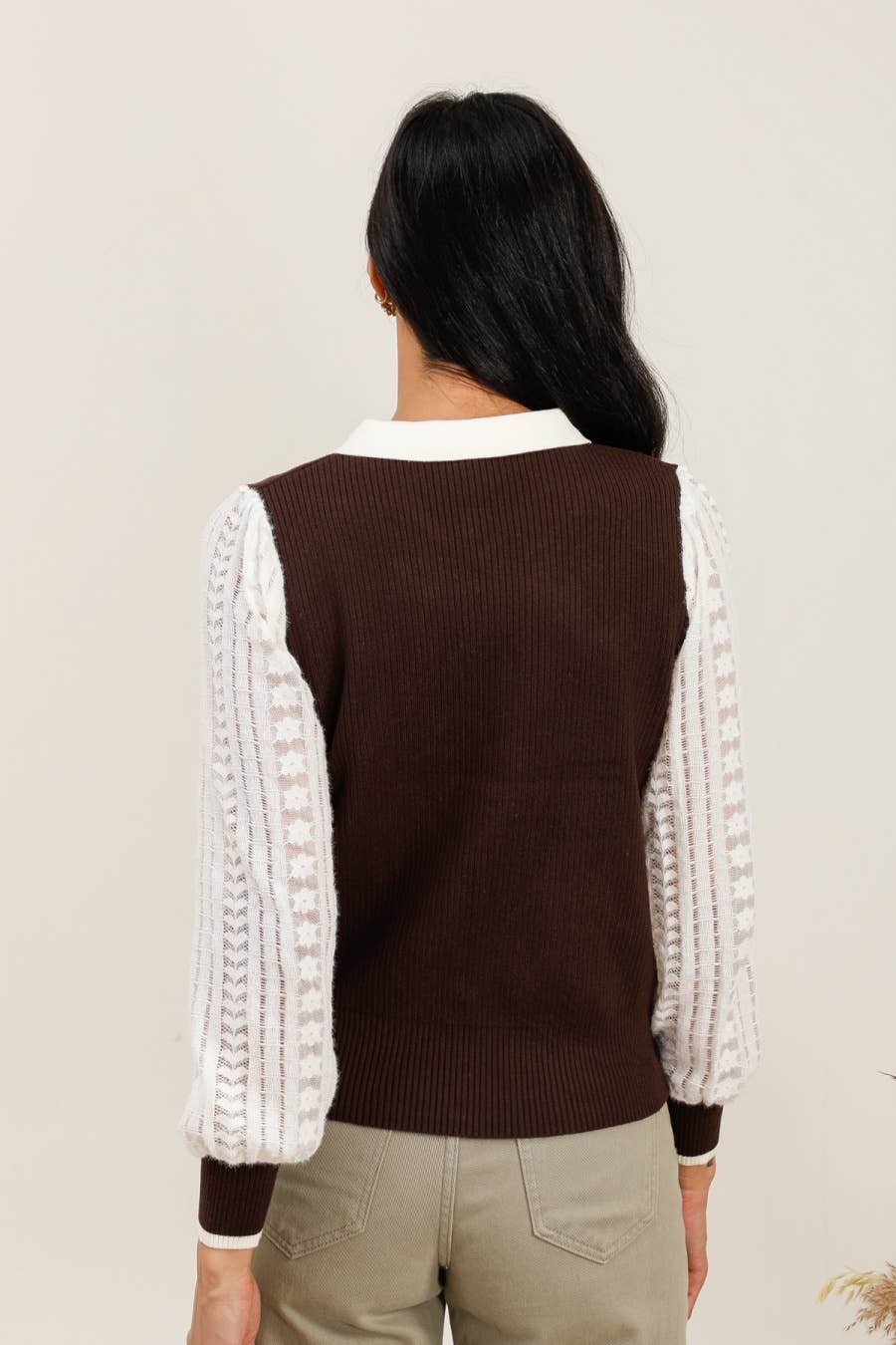 DIX-ONZE - Vendita all'ingrosso Cardigan - Donna - Cardigan con Colletto Claudine a Contrasto e Maniche in Pizzo3