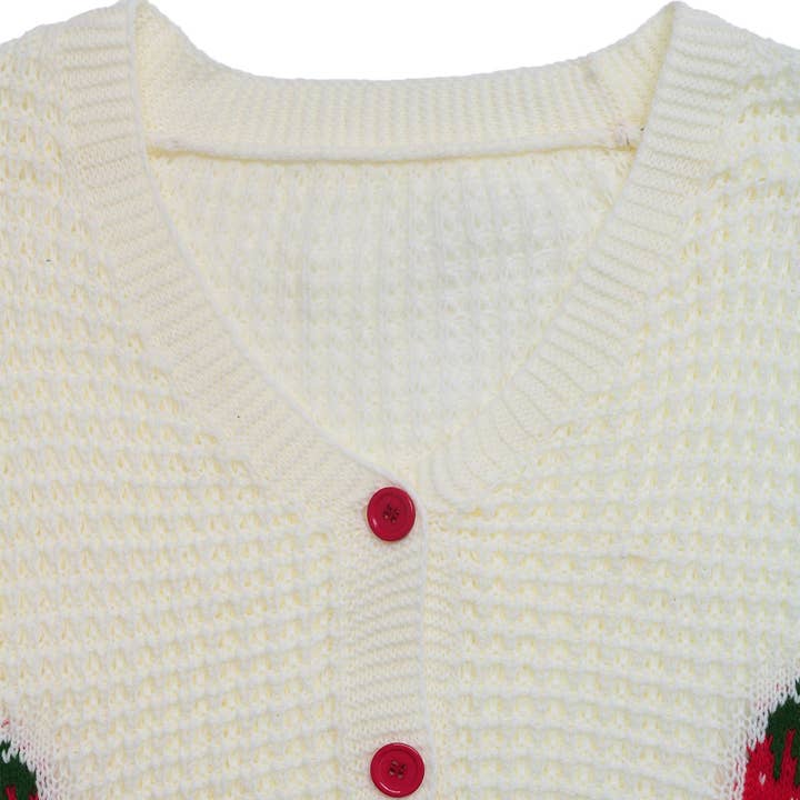 Off white Casual Strawberry Knit Cardigan V-Neck Button Sweater for wholesale on Faire1
