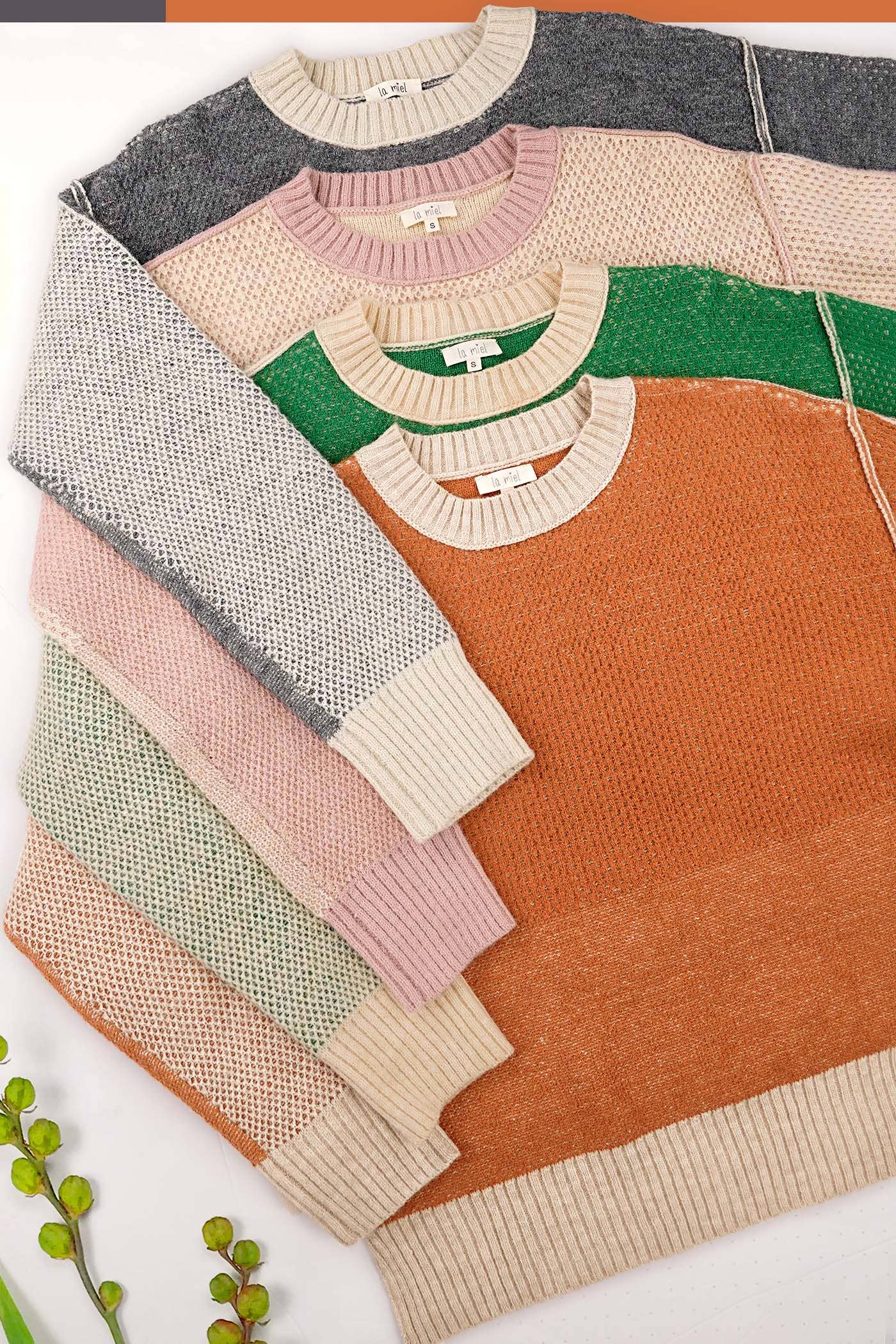 La Miel - Wholesale Knit Sweater - Women's - MCS3556-Loose Fit Color Block Textured Round Neck Sweater 31