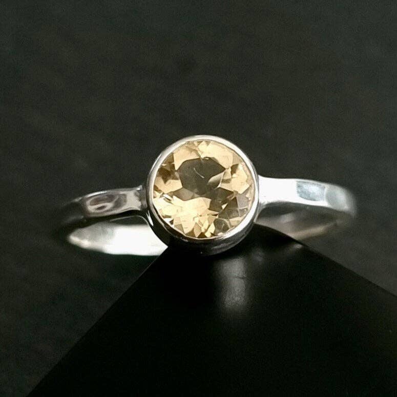 Mistry Gems - Wholesale Single Stone/Solitaire Ring - Unisex 6mm Round Citrine Ring | Hammered Sterling Silver6
