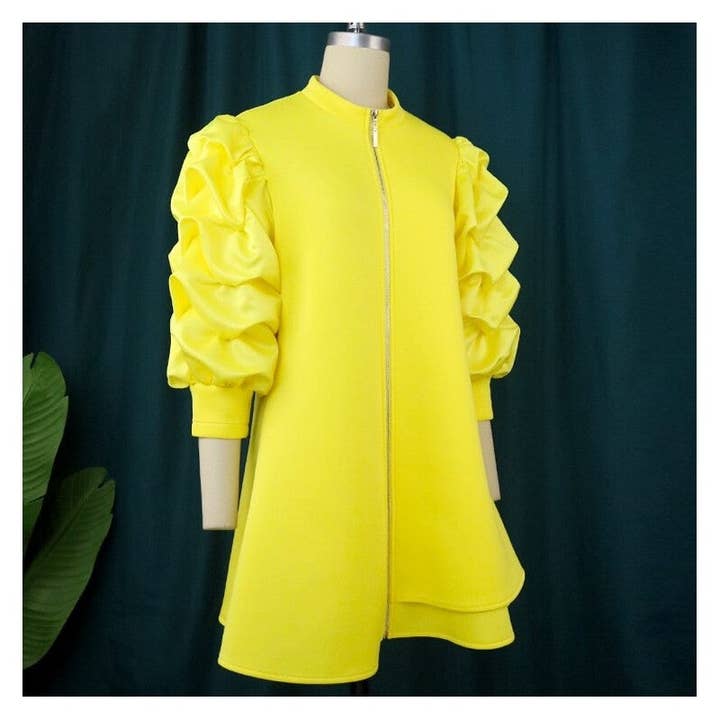 FurDecoration - Wholesale Dress - Women's - Solid Color Short Dress With Stand Collar And Pleated Sleeves