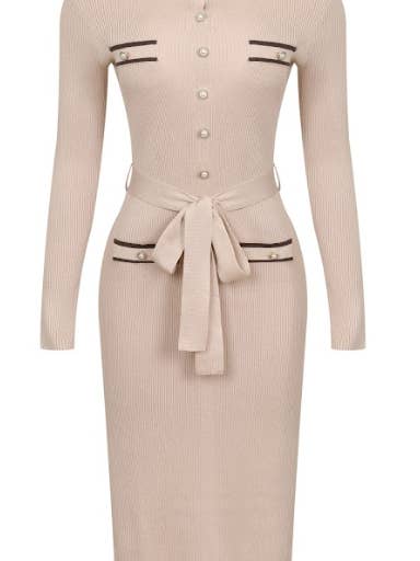 Knit Long Slv Midi Dress With Contrast High Neck Collar for wholesale by RIVIR