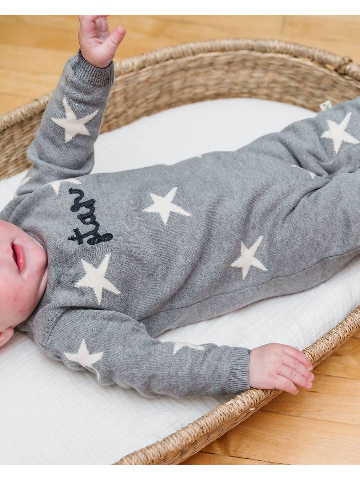 Heather Grey Star Jacquard Baby Sweater Knit Jumpsuit (Organic Cotton) for wholesale on Faire