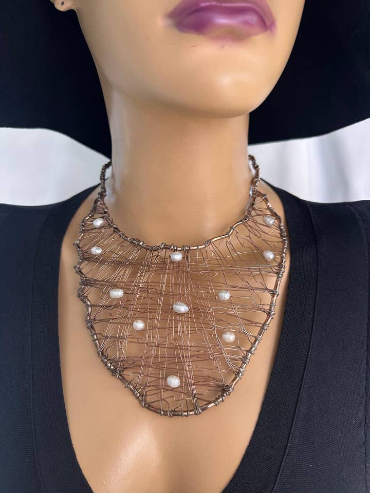 Handmade Copper Pearl Necklace for wholesale by BUBU BY TEKIN SHOP