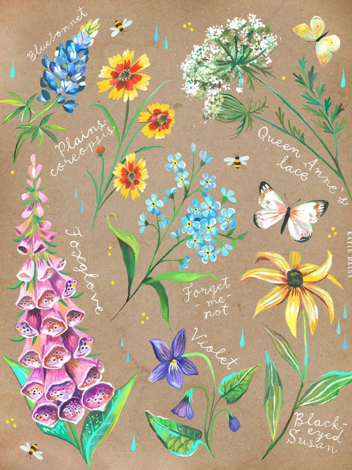 Wildflowers on Kraft Print for wholesale by Katie Daisy