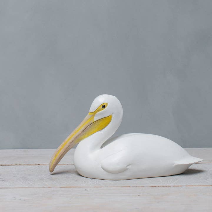 Pelican - Medium - White - 12"L -Carved Wooden Ornament for wholesale by Aviologie