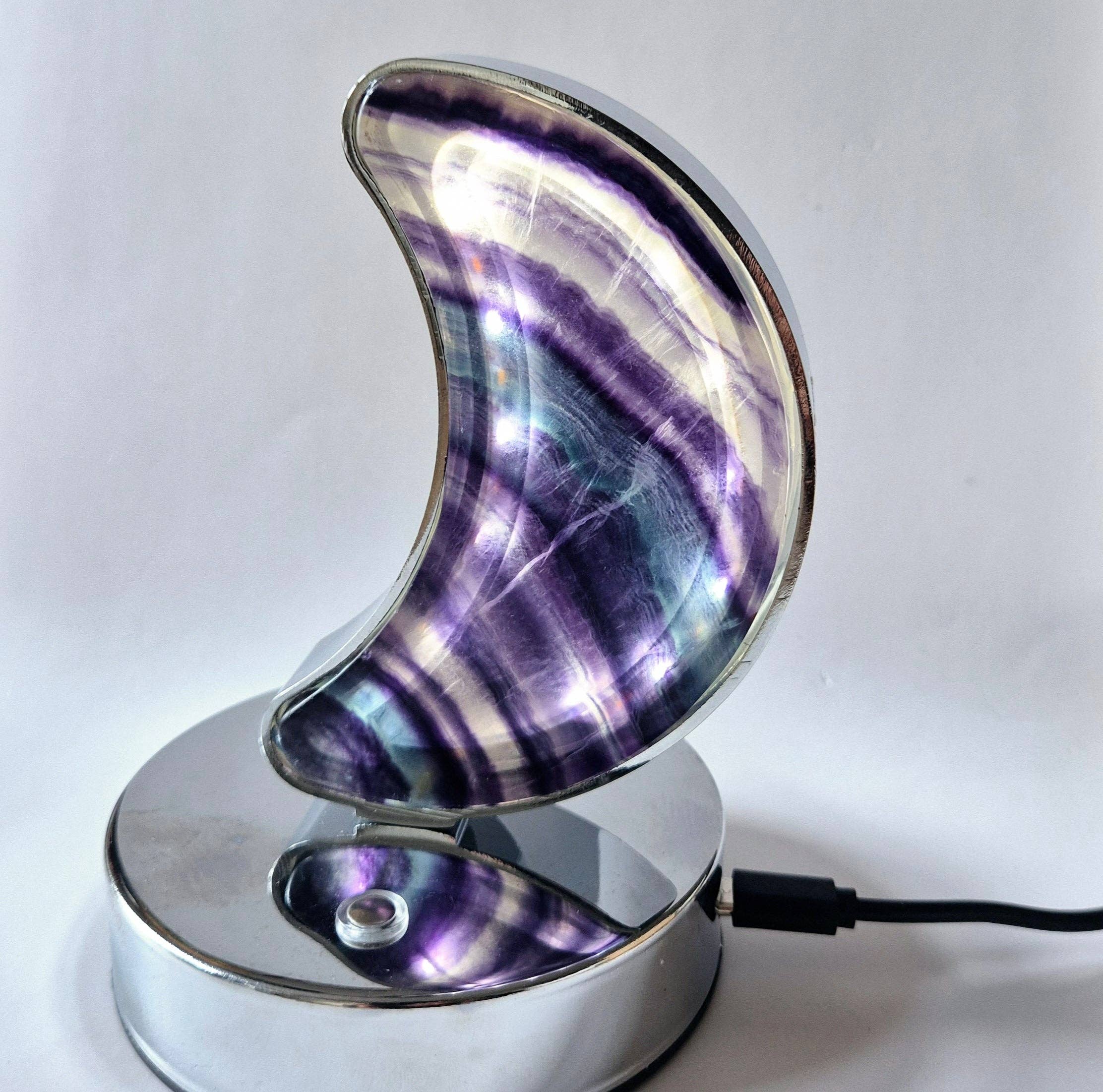 Moonlight Gemstones - Wholesale Accent/Desk Lamp - Candy Fluorite moon lamp on silver-colored base – with dimmable LED & USB connection7