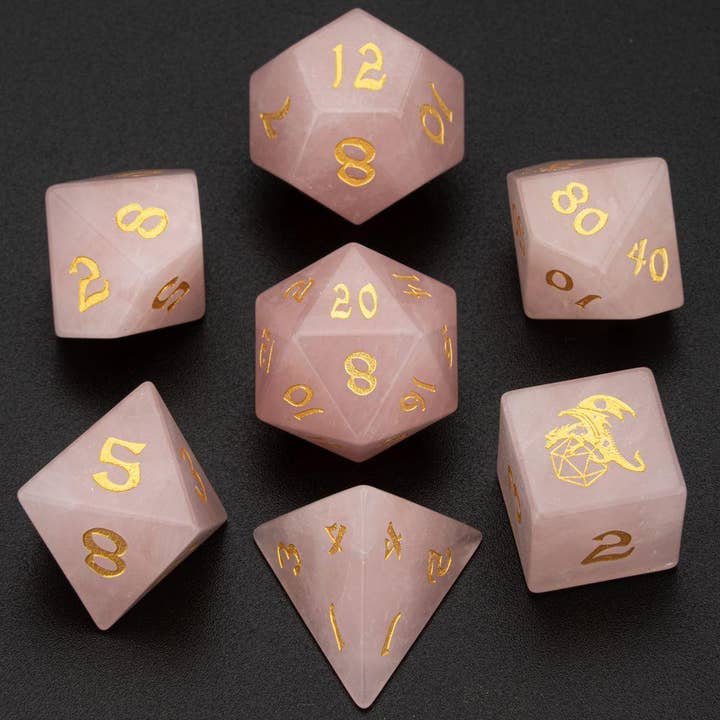 Ensemble de dés en quartz rose Dragon's Hoard pour la vente par Hymgho Premium Dice