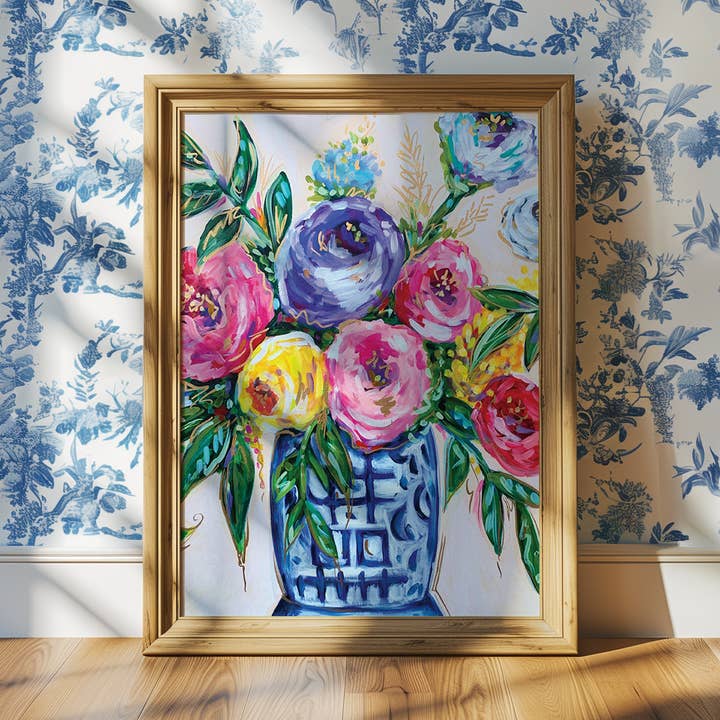 Blue Vase Floral Art, Dopamine Decor, Trendy Colorful Wall Poster, Maximalist Home for wholesale by Audra Style