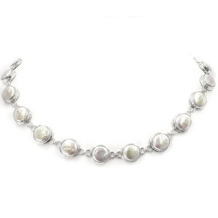 925 silver high luster white freshwater coin pearl strand sterling necklace, 20" for wholesale by FifiRose