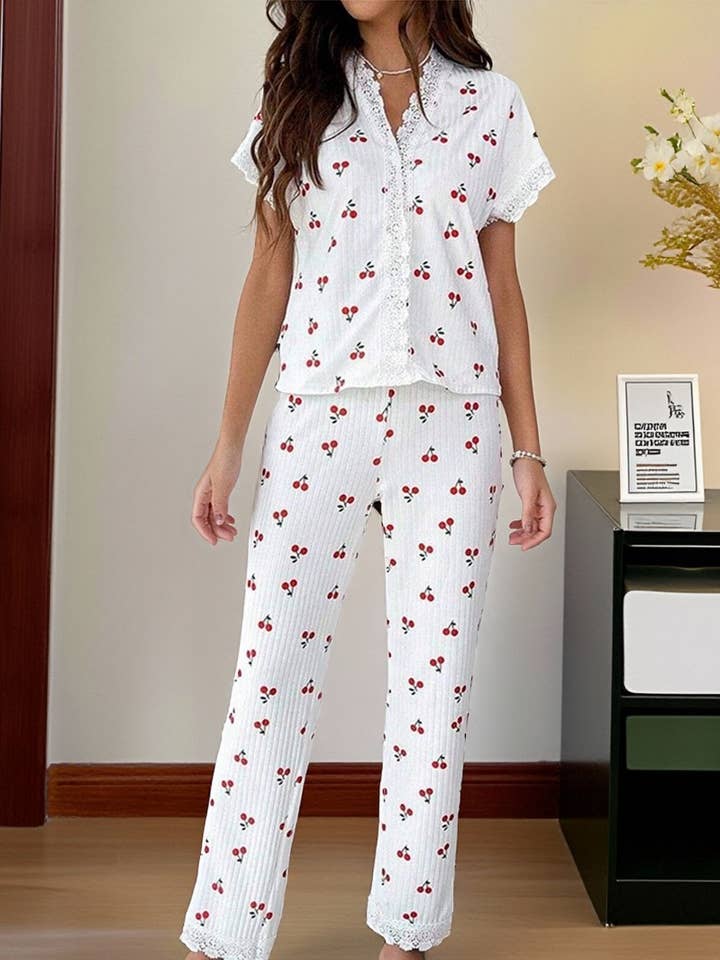 CWSPJ00468_CHERRY PRINT LACE TRIM SHORT SLEEVE PAJAMA SET and other Purchase Wholesale ladies pajamas. Free Returns & Net 60 Terms on Faire trending on Faire.