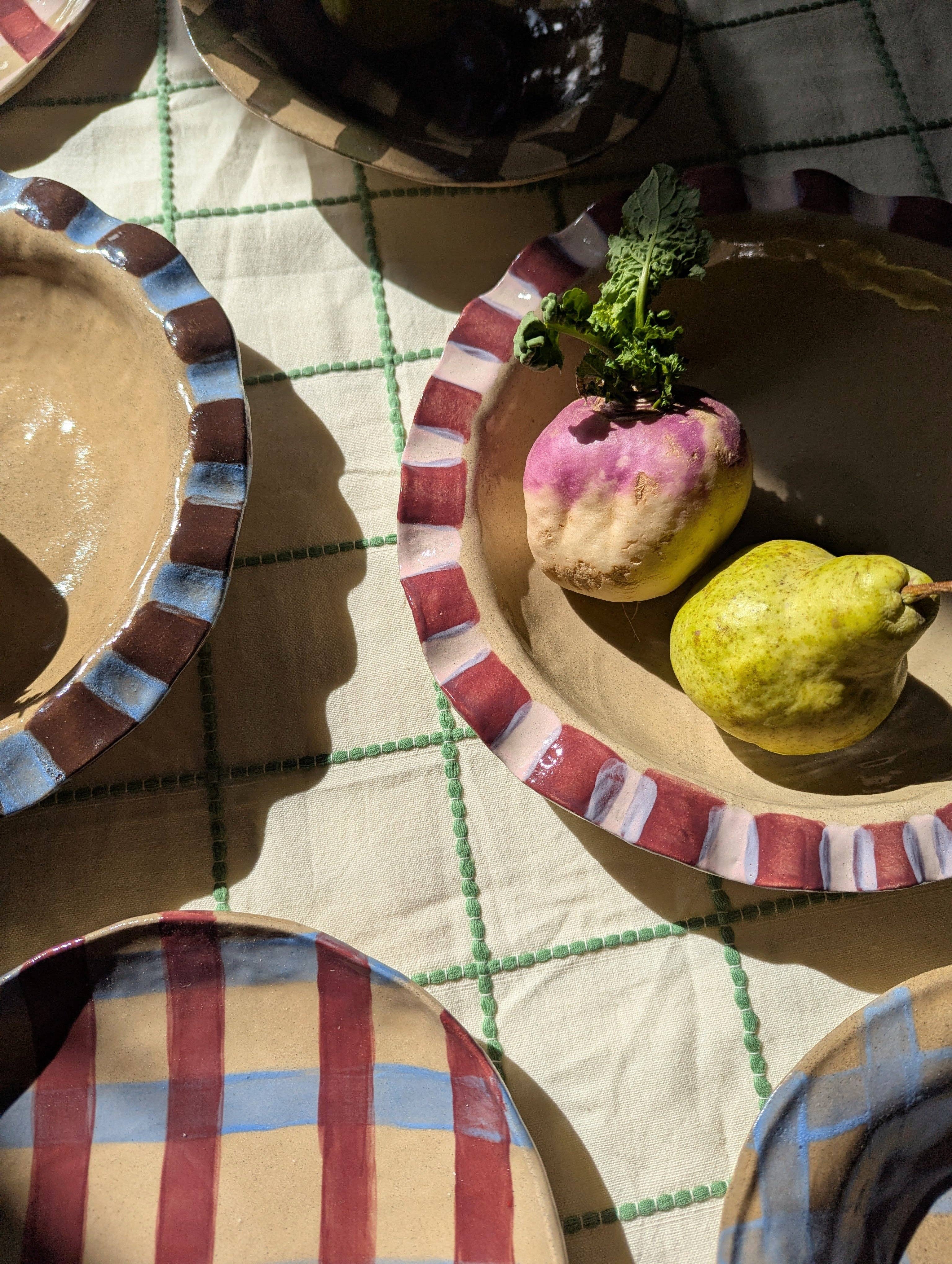 Rosie Gore – wholesale Serving bowl – Baby Blue & Burgundy Round Gingham Serving Bowl4