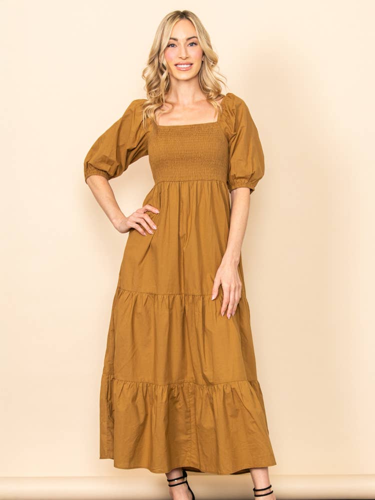 Camel SALE! On Off Shoulder Smocked Chest Tiered Skirt Maxi Dress for wholesale on Faire3