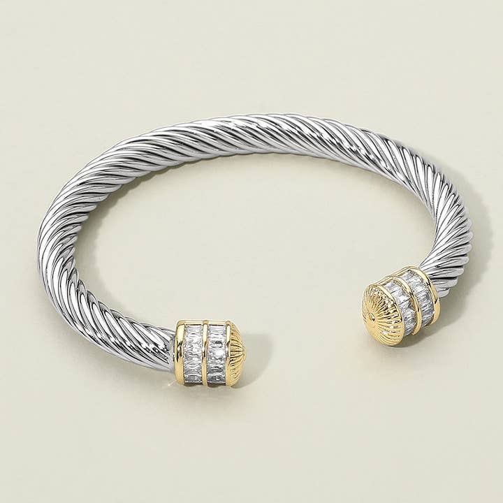 CZ Stone Tip End Two Tone Twisted Cable Cuff Bracelet for wholesale by Sensibling Corp.