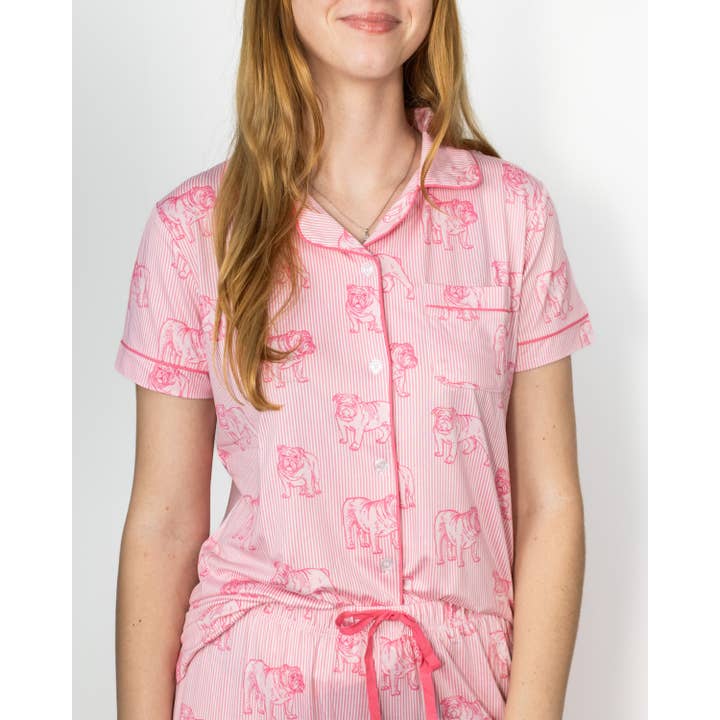 Bulldog Stare Short Sleeve Button Up Sleep Shirt Pink/Light Pink -Asst. for wholesale by The Royal Standard