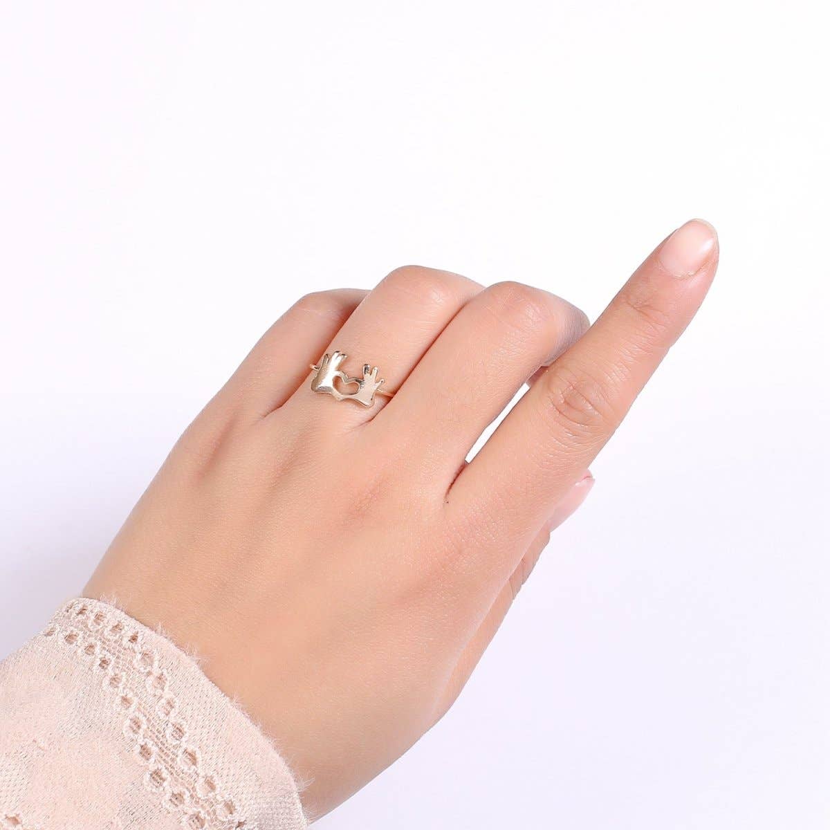 Aim Eternal - Wholesale Band/Stacked Ring - Gold Heart Hand Gesture Ring Heart Shaped Hands - Heart Sign - Heart Hands Ring- Hands Jewelry for Valentine Gift BFF friend R-2453