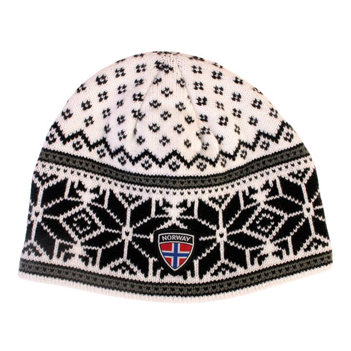 Knit Hat - White - Black Stars - Norway Flag - Unisex Size for wholesale by Scandinavian Specialties