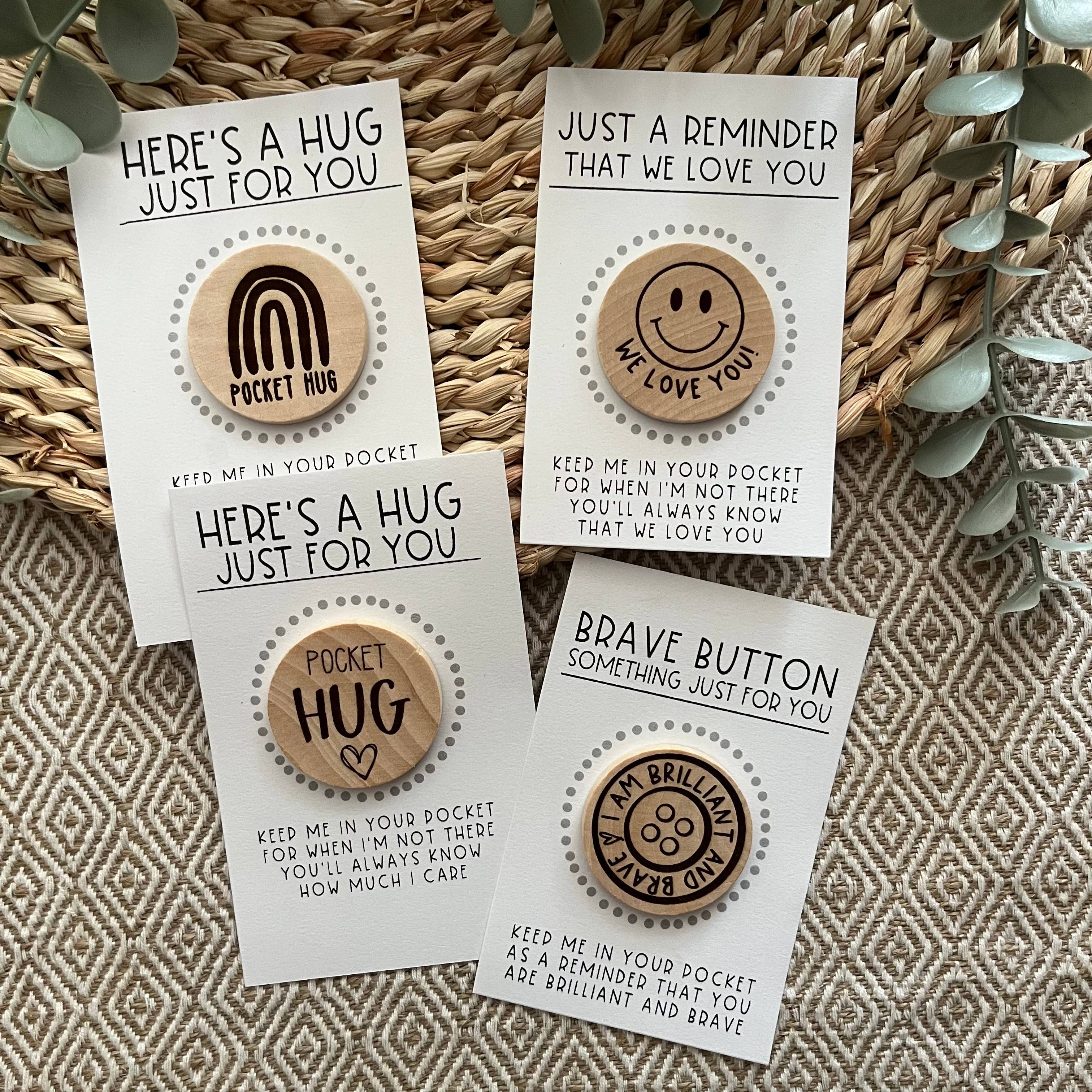 Handmade by Hammero - Wholesale Keepsake Coin/Token - Pocket Hug, Brave Button, and Smile - Wood Engraved Token3