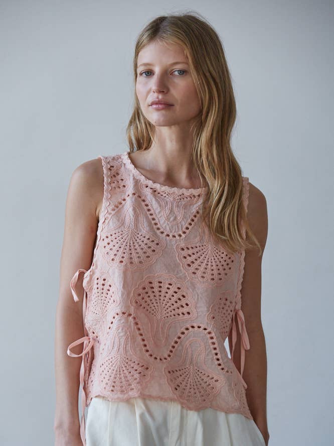 L8290 | Woven Cotton Eyelet Round Neck Sleeveless Top for wholesale by By Together