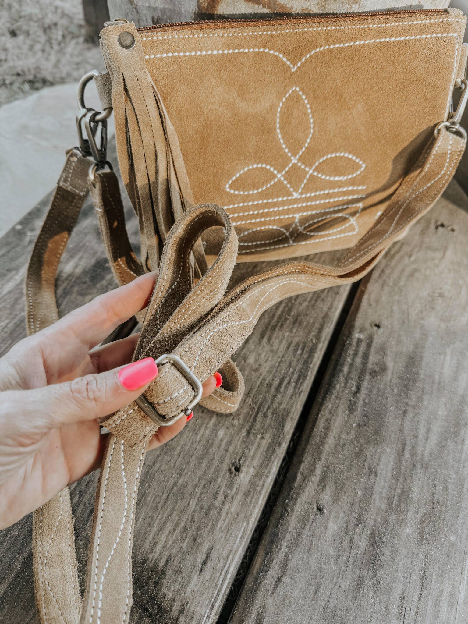 Texas Western Cowhide Bags and More - Wholesale Crossbody Bag - Women's - Boot Stitch Suede Leather Purse with Wristlet3