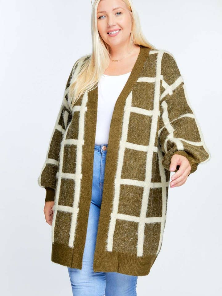 Davi & Dani - Vendita all'ingrosso Cardigan - Donna - CARDIGAN LUNGO A MANICHE LUNGHE IN TARTAN PLUS