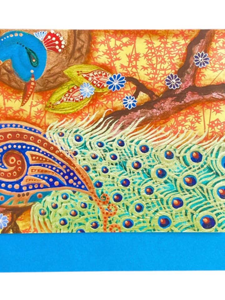 Peacock in the Oak Tree Greeting Card Nature Art Boho for wholesale by Art by Diana Comstock