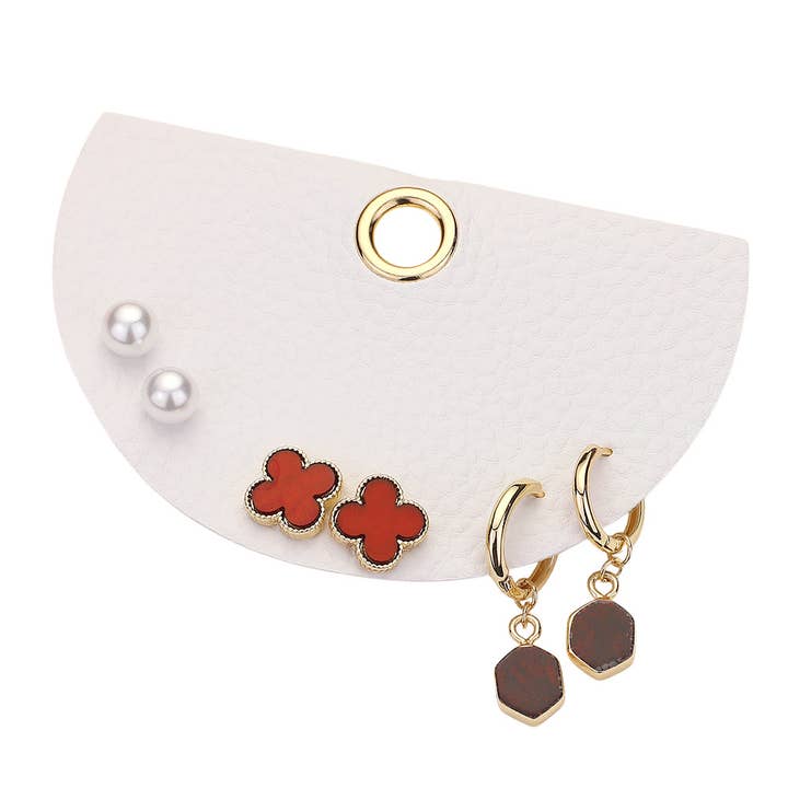 Sensibling Corp. - Wholesale Jewelry Set - 3Pairs - Quatrefoil Pearl Stud Natural Stone Dangle Earrings
