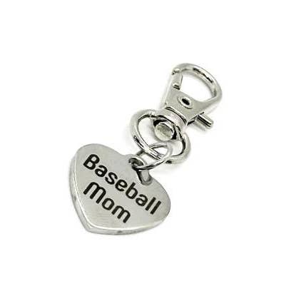 Baseball Mom Stainless Steel Clip On Charm Heart Engraved Sports Mom Bag Charm Keychain Gift for wholesale by JKCE Designs