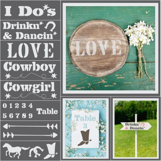 Western Ranch Wedding 8 Piece Craft Stencil Kit for wholesale by Oak Lane Studio