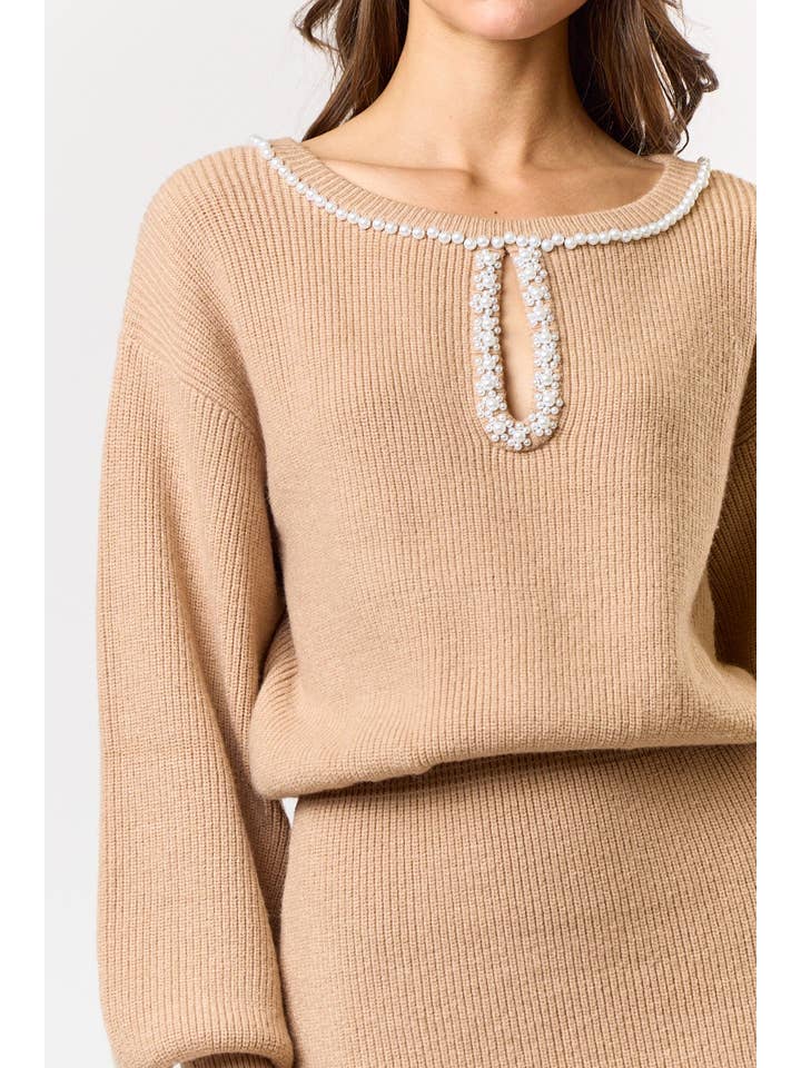 TAUPE ILD4191Â PEARL DETAIL BALLOON SLEEVE SWEATER MINI DRESS for wholesale on Faire