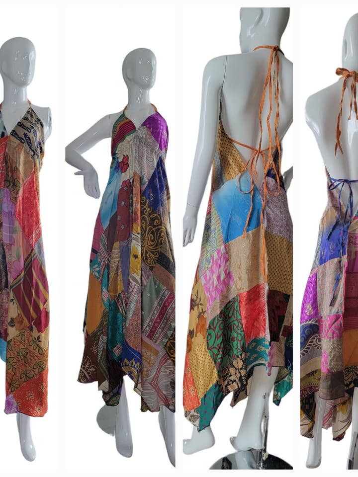 SK589 Vestido largo de patchwork con tirantes sin espalda para venta al por mayor de Evergreen Guardian Imports
