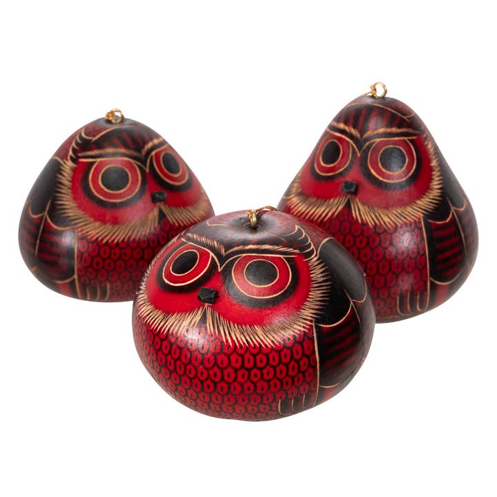 Red Owl Gourd Ornament - Christmas Tree Decor for wholesale by Lucuma Designs