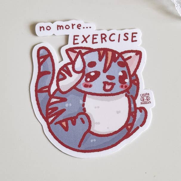 Pegatina de Gato Tonto - No le Gusta el Ejercicio - Acabado Mate para venta al por mayor de Chupadoodles