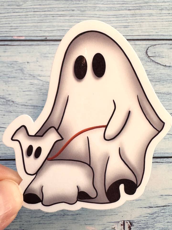 Autocollant en vinyle Ghost Walking Dog, joli autocollant d'Halloween pour la vente par Melanie Feltham Art
