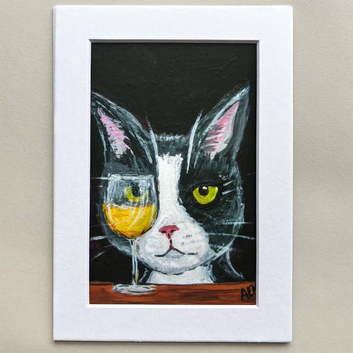 Tuxedo Cat with White Wine Matted Print Wall Art for wholesale by Alison E. Kurek