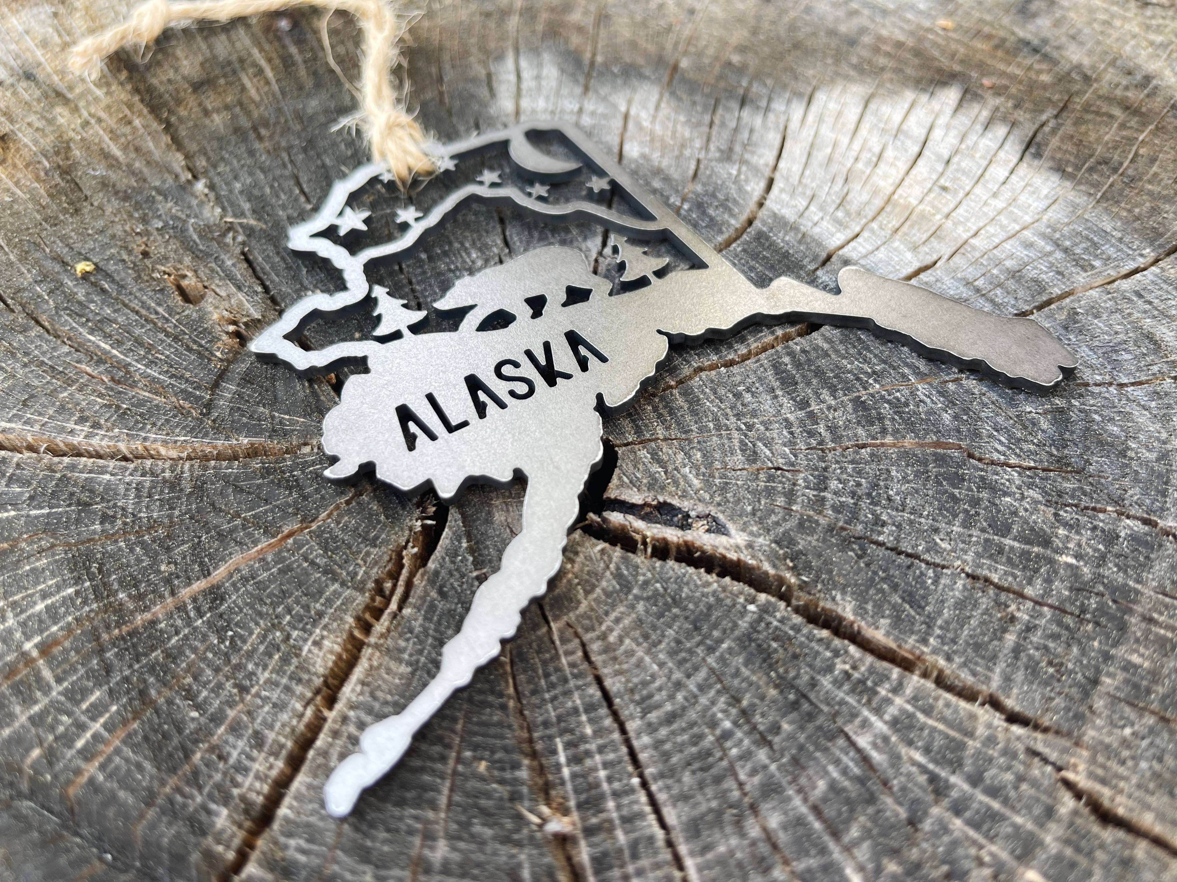 BE Creations & Designs, Inc. - Wholesale Ornament - Alaska State Bear Scene Raw Steel Ornament made in USA *NEW2