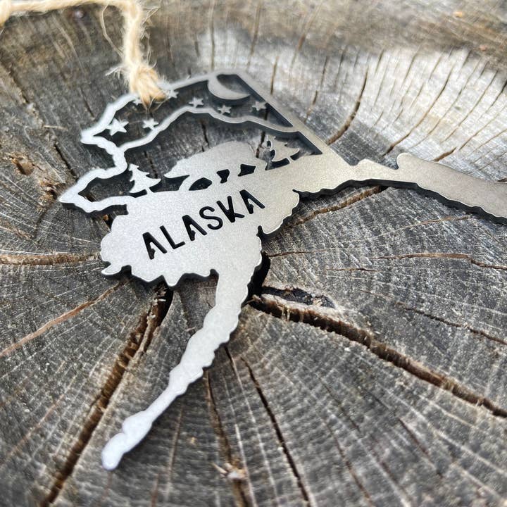 BE Creations & Designs, Inc. - Wholesale Ornament - Alaska State Bear Scene Raw Steel Ornament made in USA *NEW2
